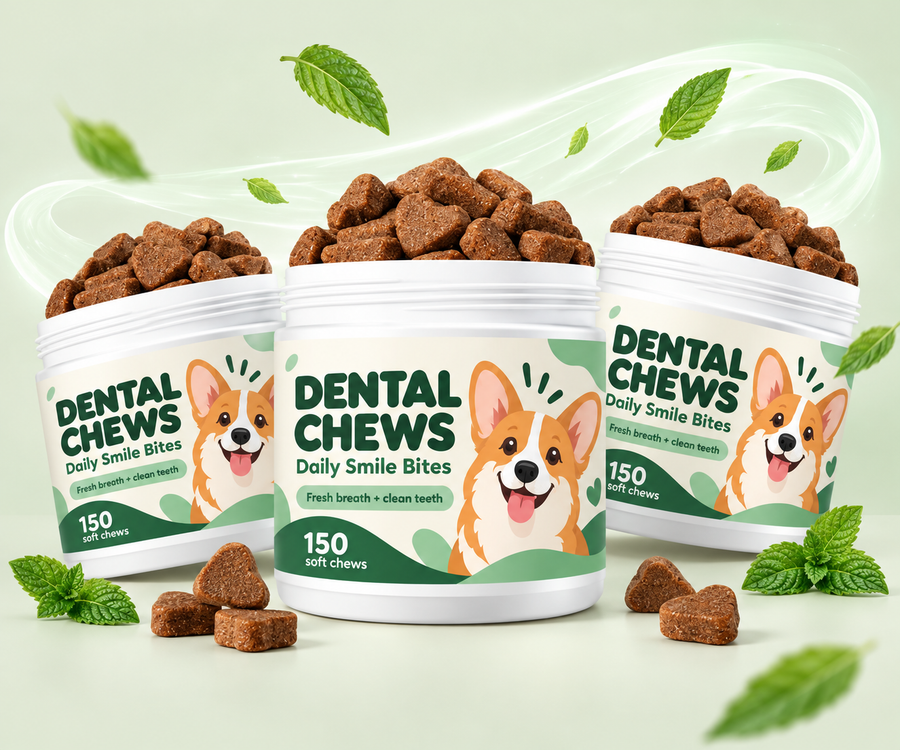 Three PawSups Dental Chews jars with mint leaves and flowing freshness accents.