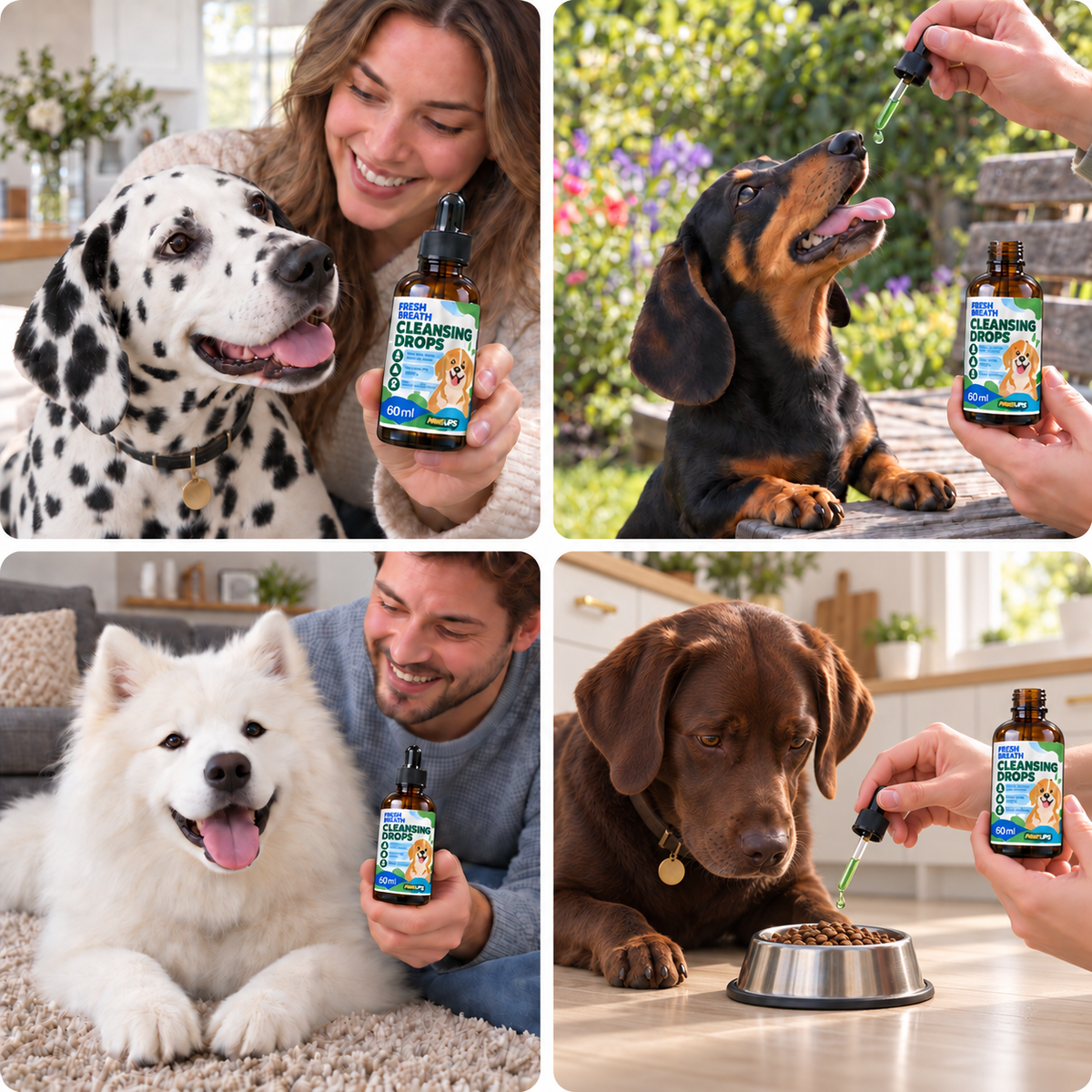 Dog parents with their dogs and bottles of PawSups drops