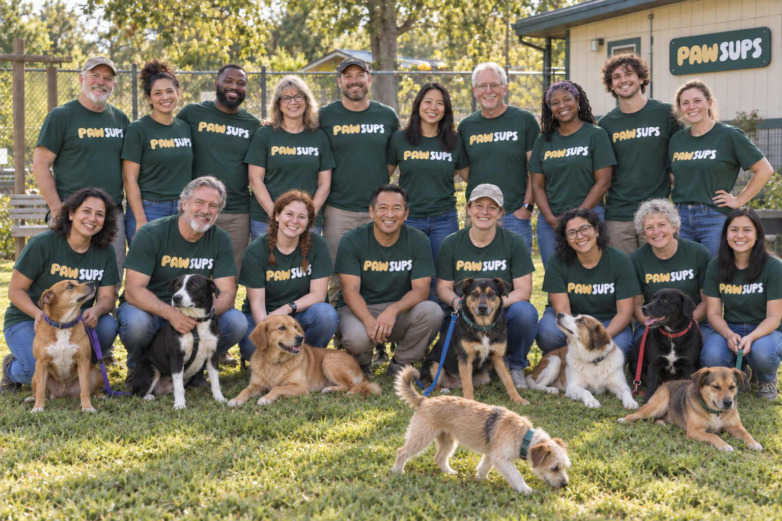PAWSUPS volunteers with rescue dogs in a fenced courtyard