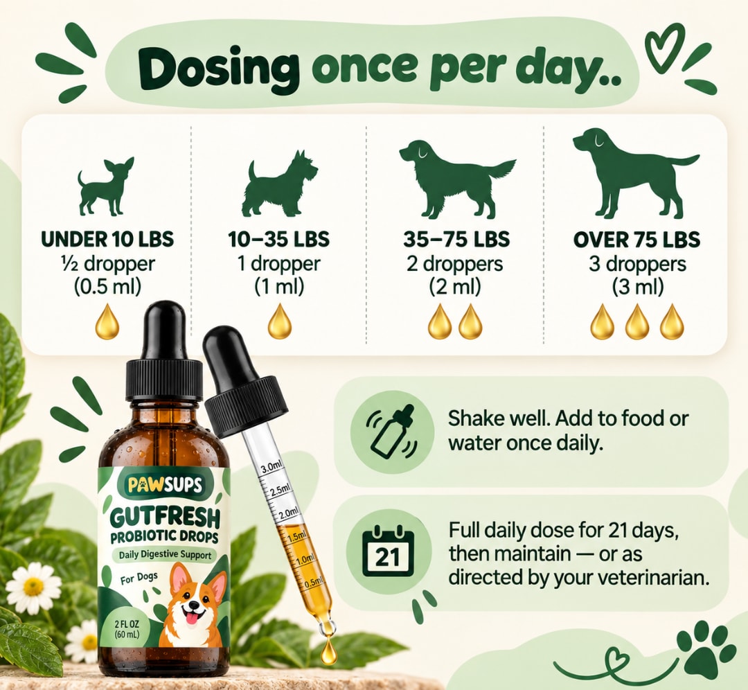 Dosing guide: once a day by weight, from half a dropper to three droppers