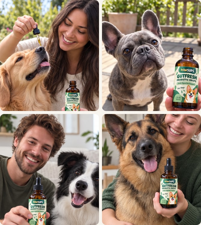 Dog parents with their dogs and bottles of PawSups drops